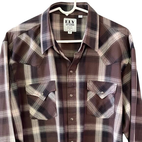 WESTERN ELY Cattlemen XL Brown Plaid Western Shirt VTG - Picture 2 of 15